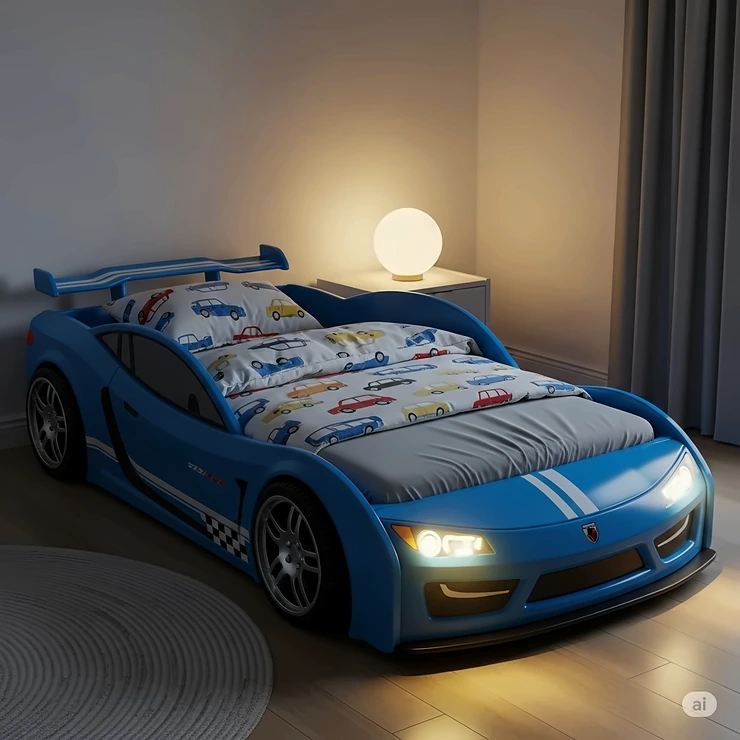 A blue kids car bed with working LED headlights, adding a cool, realistic touch to a bedroom.