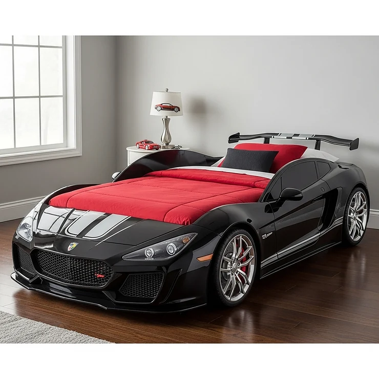 A sleek black twin car bed with a realistic spoiler at the foot, adding to its sporty aesthetic.
