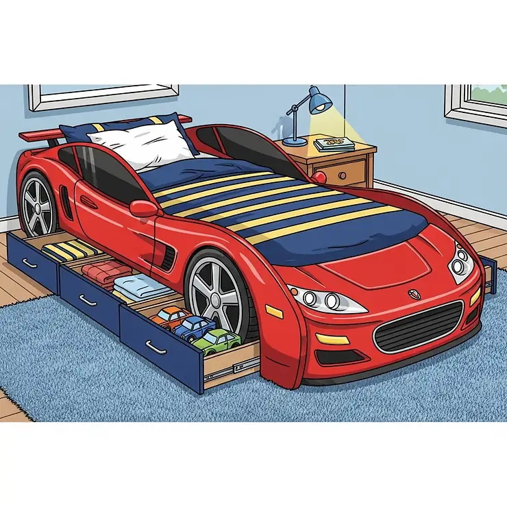 An illustration of a full size car bed with built-in storage drawers, providing a practical solution for organizing toys and bedding.