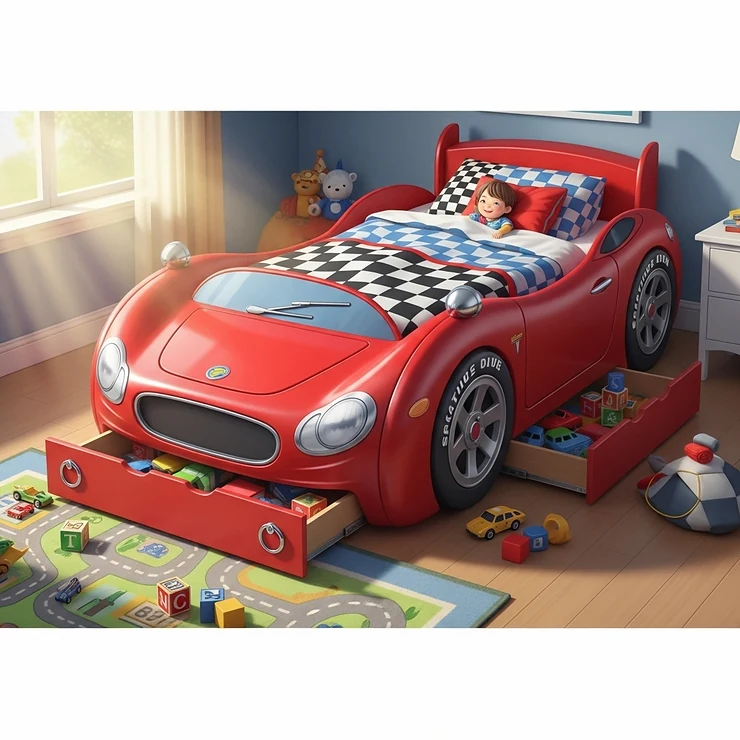 An illustration showing a car bed with built-in storage drawers located in the front of the bed, ideal for storing toys and bedding.