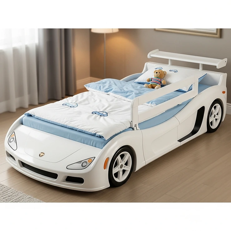 A white twin car bed with a side rail to prevent toddlers from falling out, ensuring a safe transition from a crib.