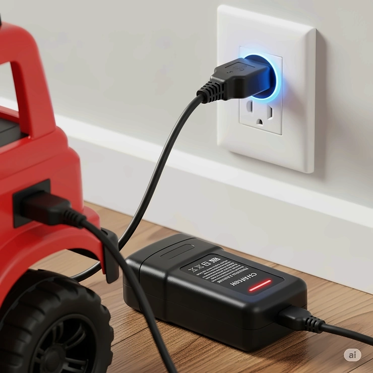 A close-up shot of a ride-on truck's battery charger plugged into a wall outlet, illustrating the charging process.