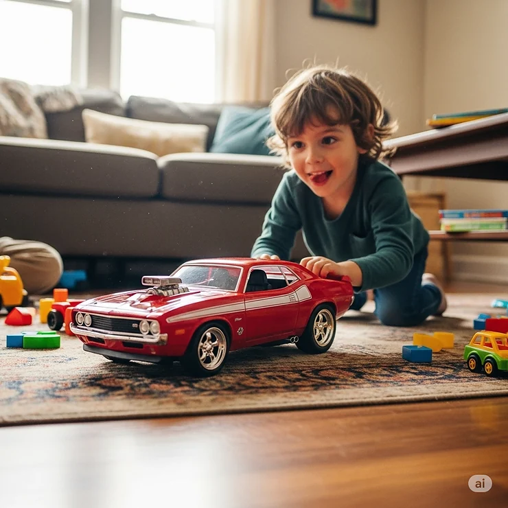 A child joyfully playing with a toy muscle car on a living room floor, illustrating the durability and fun of these popular toys.