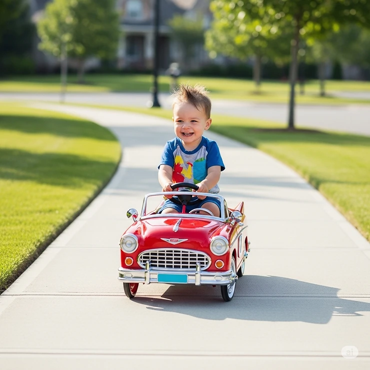 A happy toddler riding a classic 6V battery-powered toy car on a smooth sidewalk.