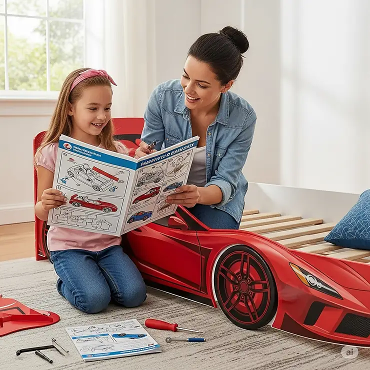 A parent and child assembling a new racing car bed, demonstrating how easy it is to put together and highlighting the simple, clear instructions.