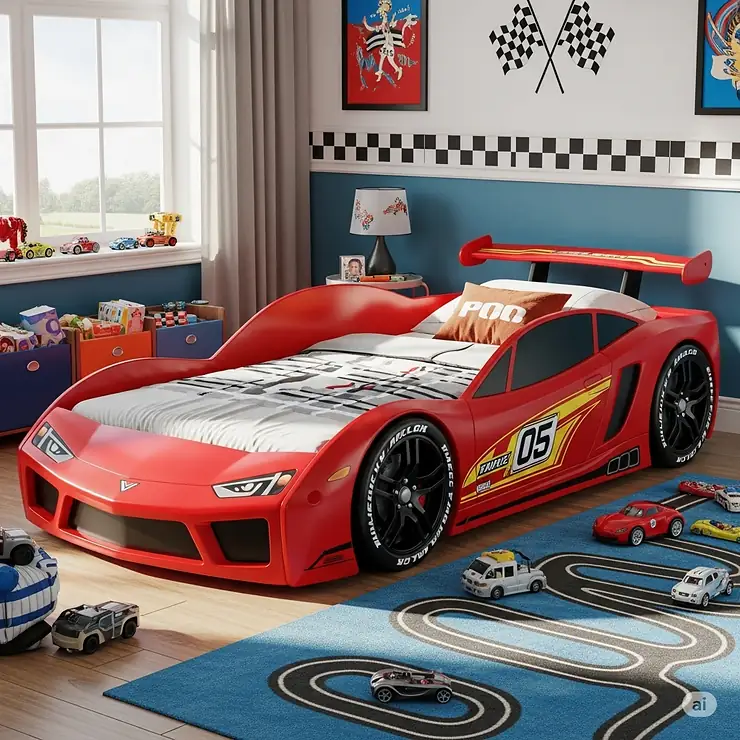 A vibrant red racing car bed for a child, featuring realistic tire and spoiler details, perfect for a race car-themed bedroom. childs racing car bed