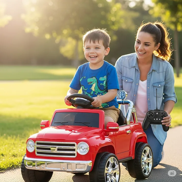 A young boy smiles while riding his bright red electric ride-on truck, with a remote control visible in his mother's hand. childs ride on truck