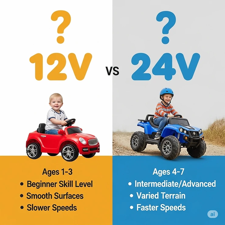 A graphic with question marks over a 12V and a 24V ride-on toy, helping parents decide between the two options based on their child's age, skill level, and intended use.