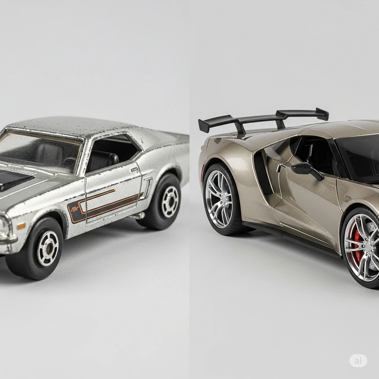 Side-by-side comparison of a vintage style toy muscle car and a more modern interpretation, showing the evolution of toy car design.