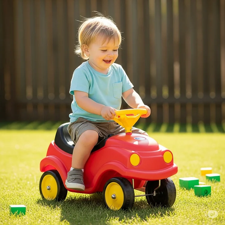 A small child plays in a classic red and yellow plastic ride-on car toy.