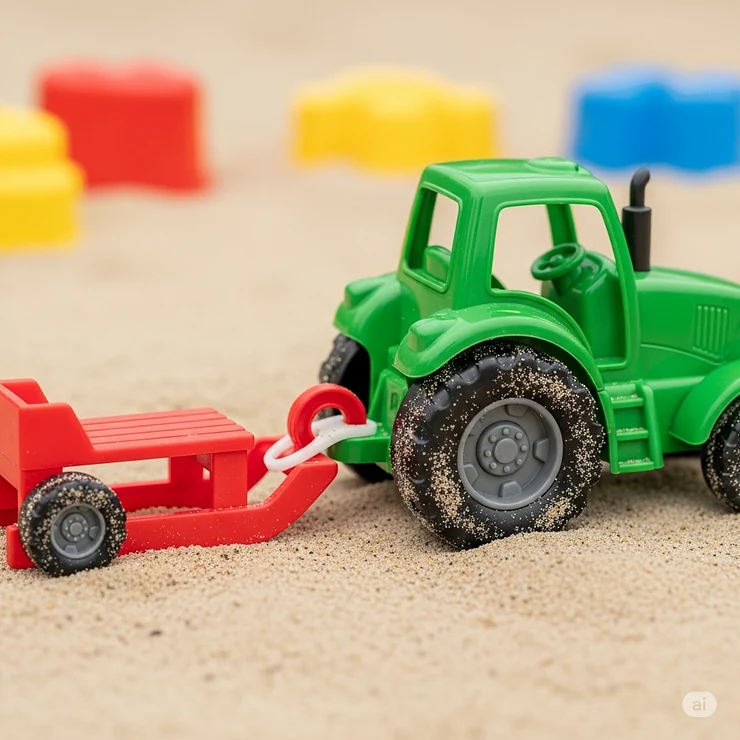 Close-up view of a child's toy tractor hitching a plastic sled attachment.