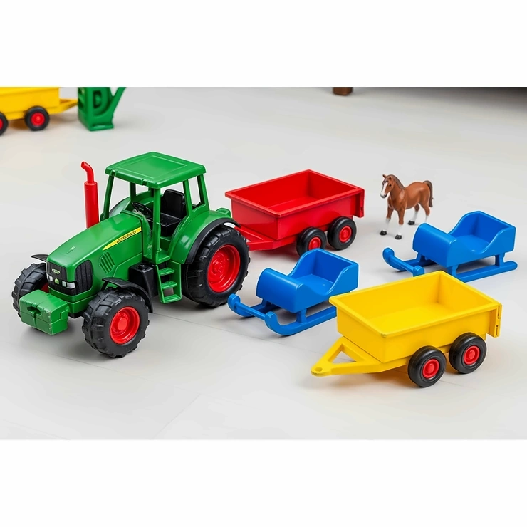 A fun assortment of farm toys, including a large tractor and various small sleds and trailers.