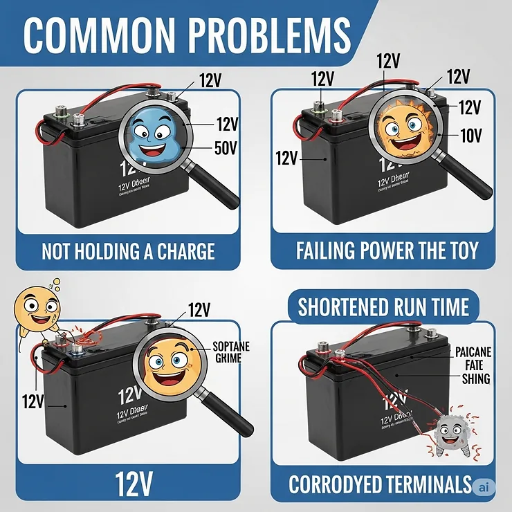 A visual guide explaining common issues with 12v ride-on toy batteries, like not holding a charge or failing to power the toy.