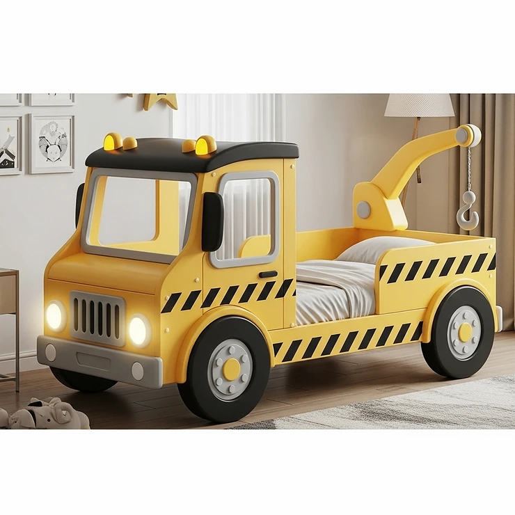 An imaginative construction truck toddler bed with bright yellow and black details, perfect for a little builder's room.
