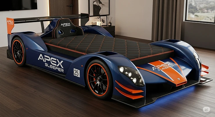 A custom-made race car bed for adults, featuring a personalized logo and unique color scheme.