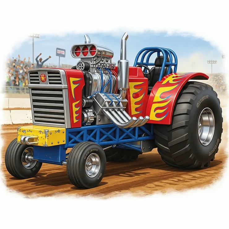 A colorful illustration of a highly customized toy pulling tractor with a modified engine and large tires.
