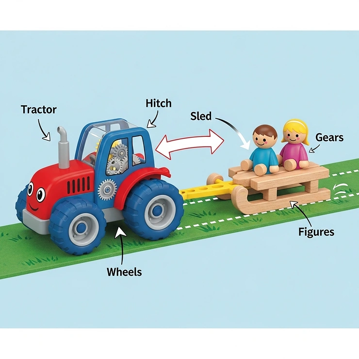 Diagram illustrating the simple tractor pulling sled mechanism on a children's toy set.