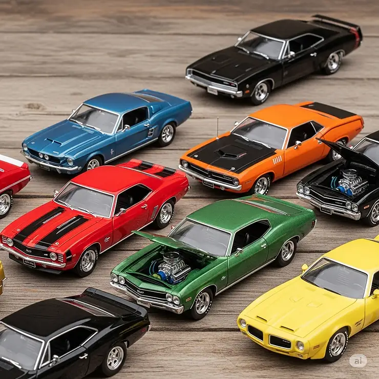 An assortment of high-quality diecast model muscle cars from the 1960s and 70s, showcasing realistic details and vibrant paint finishes.