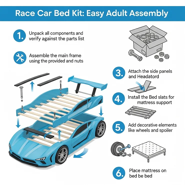 An infographic illustrating the easy, step-by-step assembly process for a DIY adult race car bed kit.