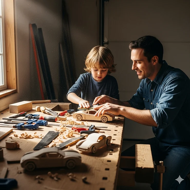 A child and an adult working together on a DIY wooden car project, with tools and wood shavings scattered around.