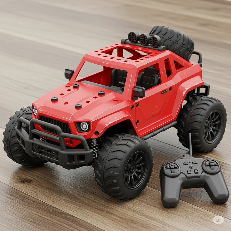 An image of a durable remote control car for kids, showing its sturdy, drop-resistant plastic body and soft rubber wheels, perfect for surviving crashes.
