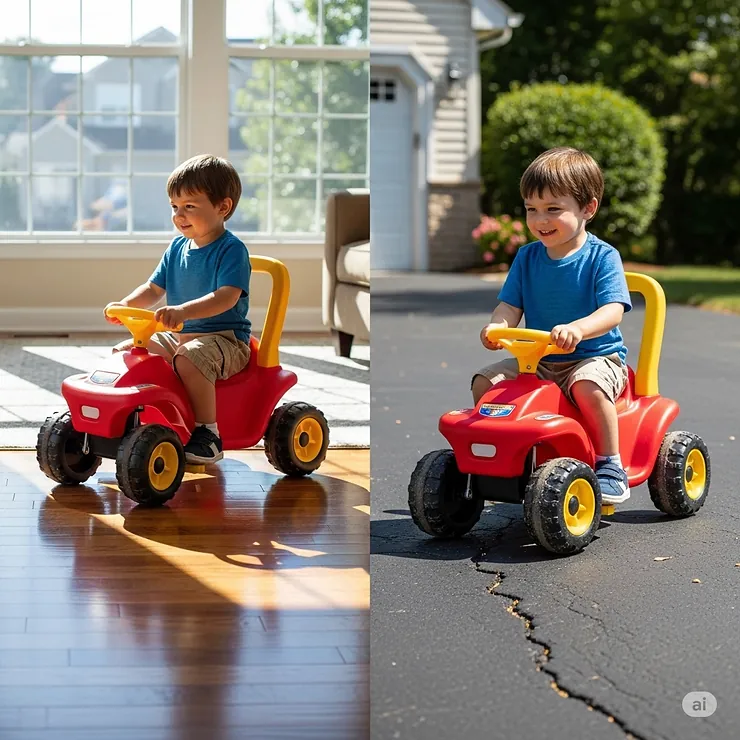 A durable ride-on toy is shown being used both indoors on a hardwood floor and outdoors on a driveway, highlighting its versatility for a 1-year-old.