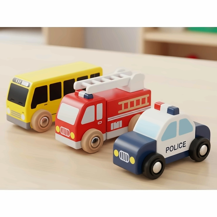 Educational wooden vehicles, including a bus, fire truck, and police car, used for imaginative play and learning.