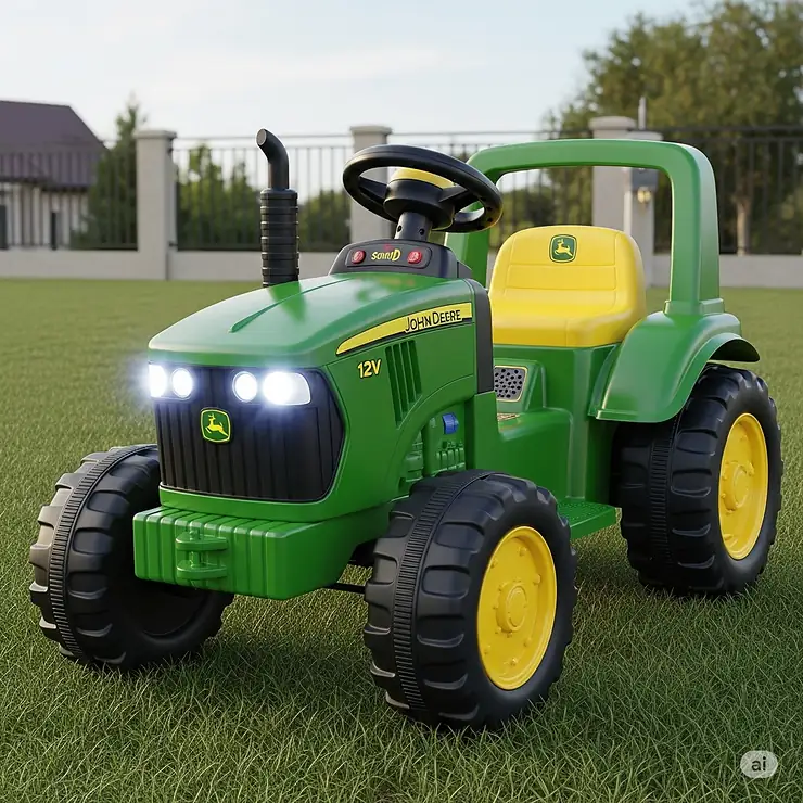 An electric 12V John Deere ride-on toy featuring realistic lights and sounds for children.