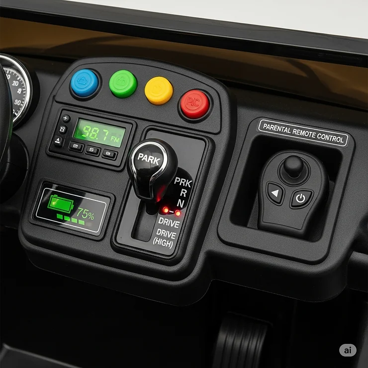 A close-up shot of a 12V ride-on toy dashboard, showing features like a working radio, multiple gear speeds, and a parental remote control.