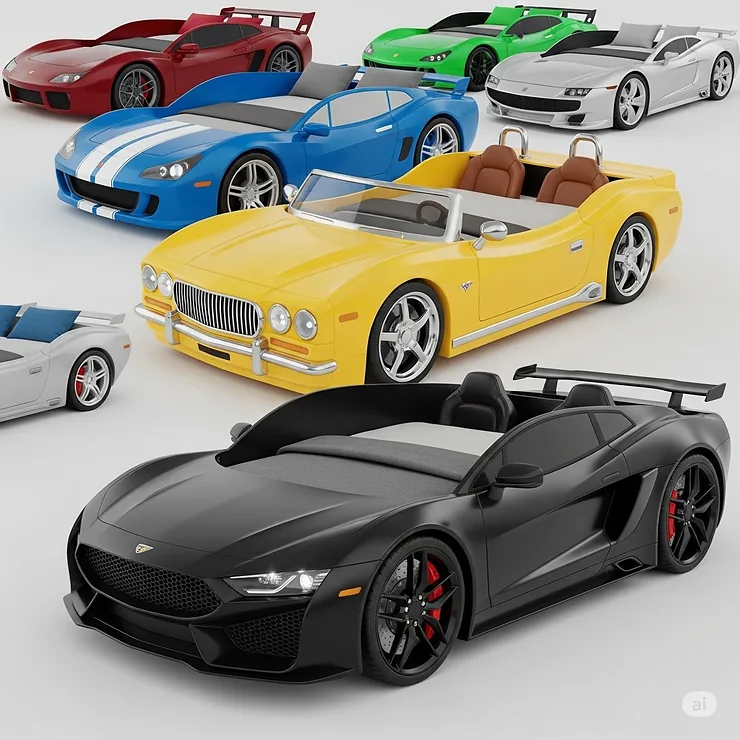 A composite image displaying a variety of full size car beds in different colors like blue, yellow, and black, demonstrating available options for personalization.