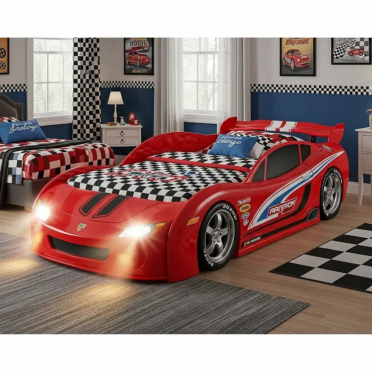 A child's bedroom featuring a red full size car bed with working headlights, a realistic spoiler, and sleek racing decals, creating an exciting and imaginative sleep space.