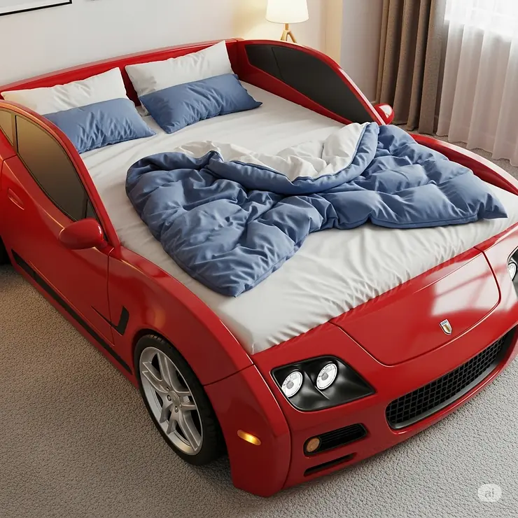 High-angle view of a full size car bed showing the mattress and bedding, highlighting the spacious sleeping area and durable frame.