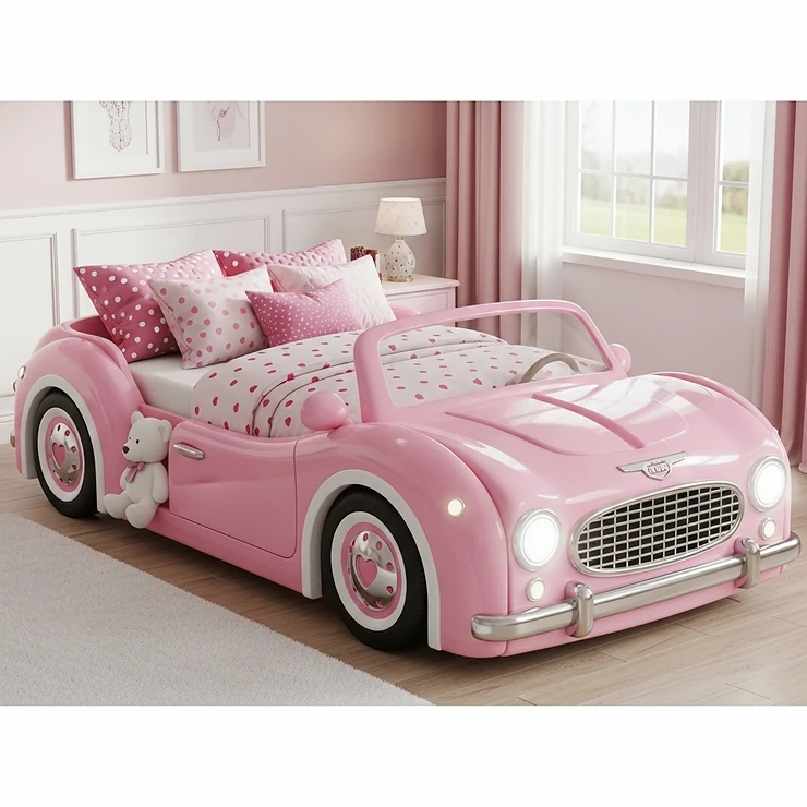 A pink convertible car bed for girls, featuring a cute and stylish design.