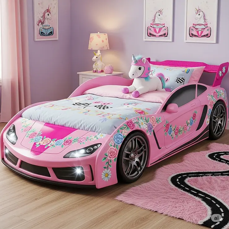 A stylish pink race car bed for a girl's bedroom, decorated with flowers and a plush unicorn, showing a fun and imaginative take on the classic design.