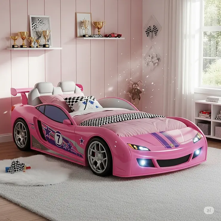 A bright pink racing car bed designed for a girl's room, complete with sleek decals and a shiny finish, perfect for an adventurous young racer.