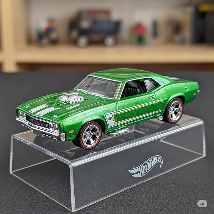 A green toy muscle car, a popular Hot Wheels edition, parked on a display stand, ready to be added to a collection.