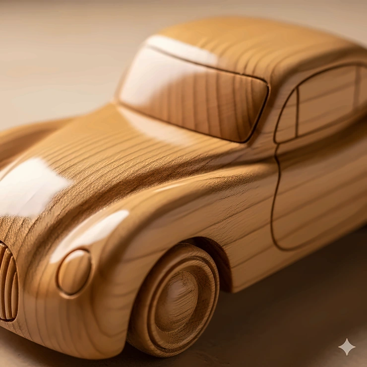 Close-up of a single handcrafted wooden toy car, highlighting the smooth finish and intricate details.