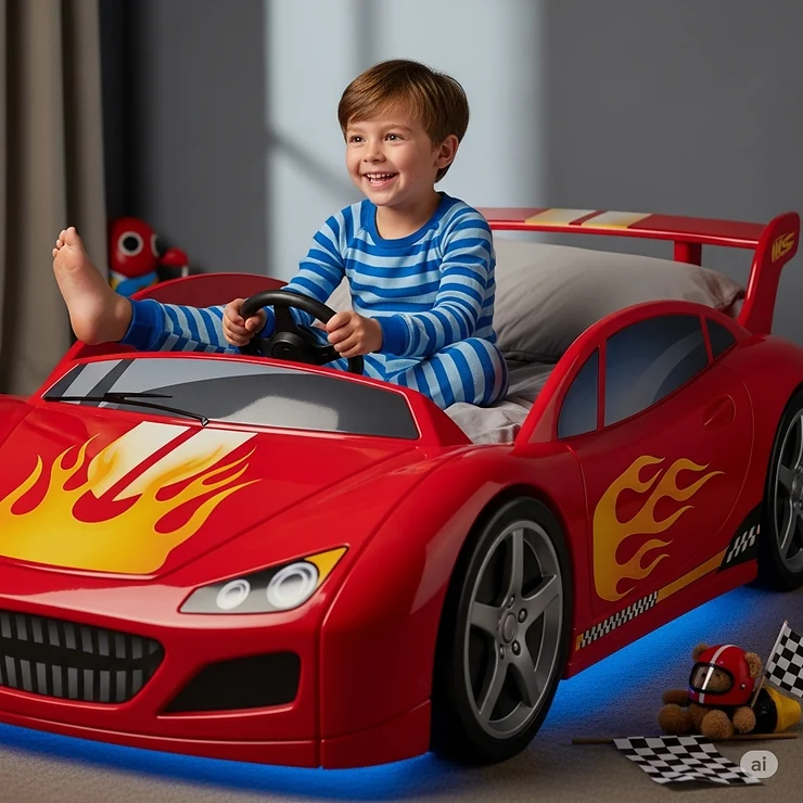 A joyful child pretends to drive their new racecar bed, showing how this exciting piece of furniture sparks imaginative play and brings a big smile.