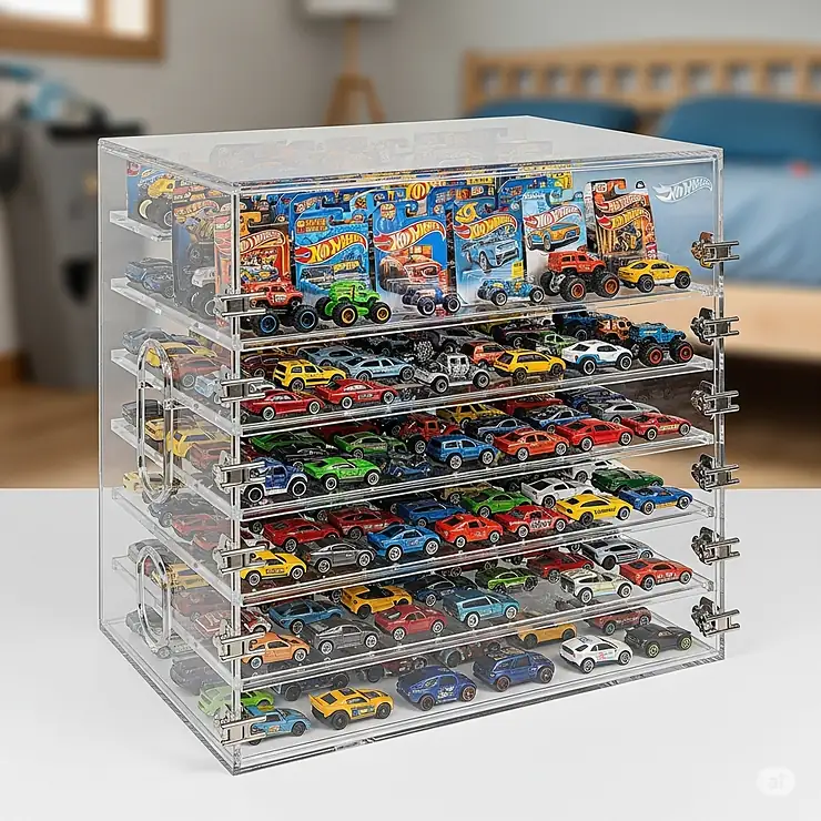 A multi-level Hot Wheels case with stacked trays, providing ample space for a growing collection.