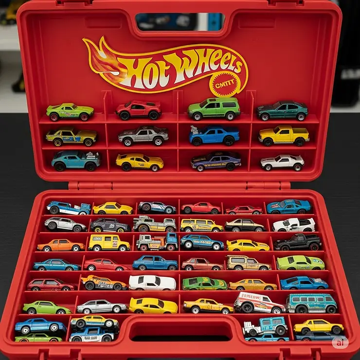 A detailed view of a Hot Wheels case acting as an organizer, keeping a large collection of vehicles tidy and accessible.