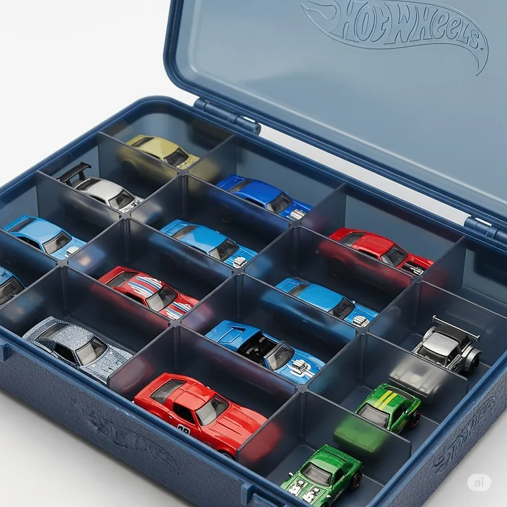 A close-up shot of a Hot Wheels storage case, showing individual compartments that securely hold and protect each die-cast car.