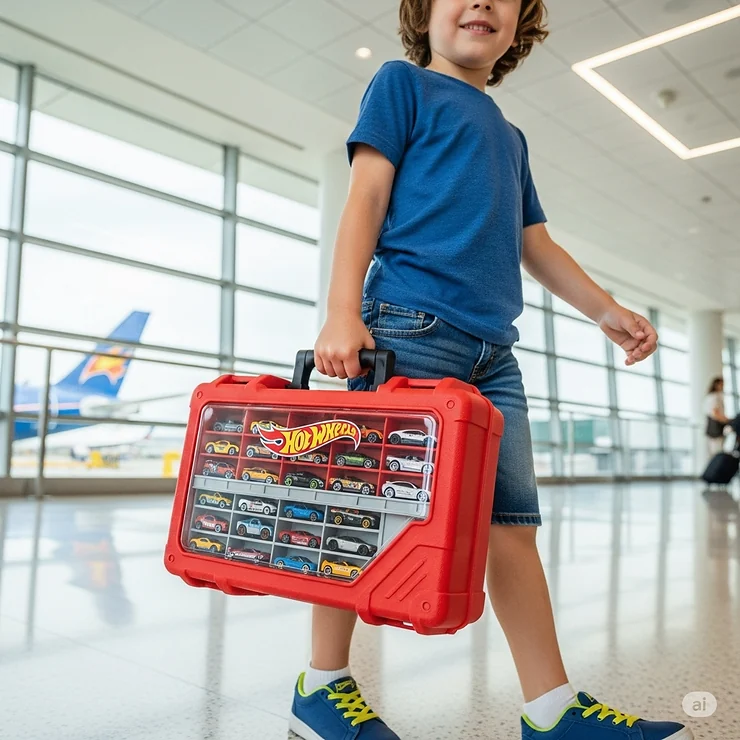 A child carrying a portable Hot Wheels case by its handle, illustrating the case's convenience for travel.