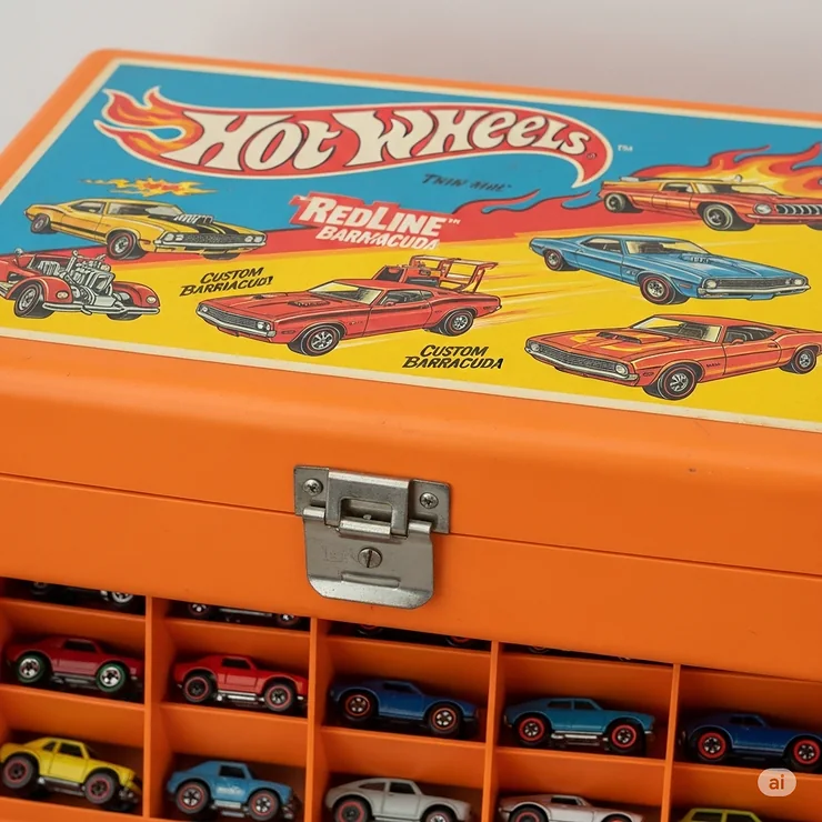 A vintage Hot Wheels collector's case from the 1970s, showcasing retro graphics and a latch closure.