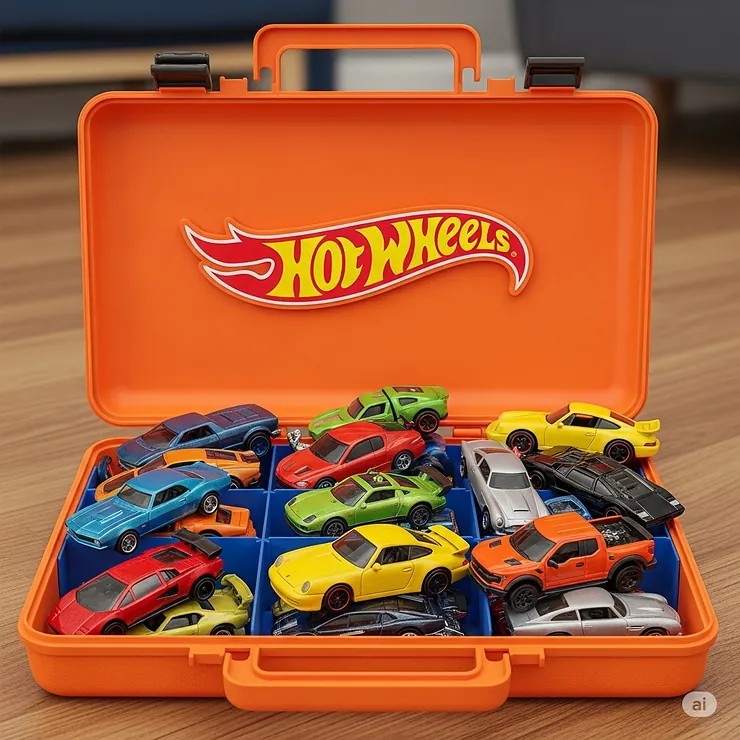 An open Hot Wheels case filled with a collection of classic and new model toy cars, ready for play.