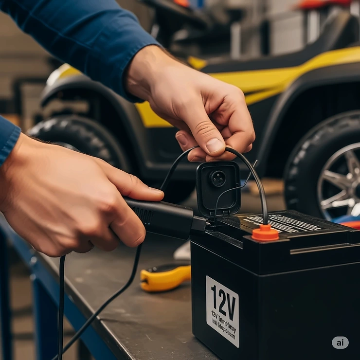 An adult plugging the charger into a 12V ride-on toy battery, demonstrating how to properly charge the battery.