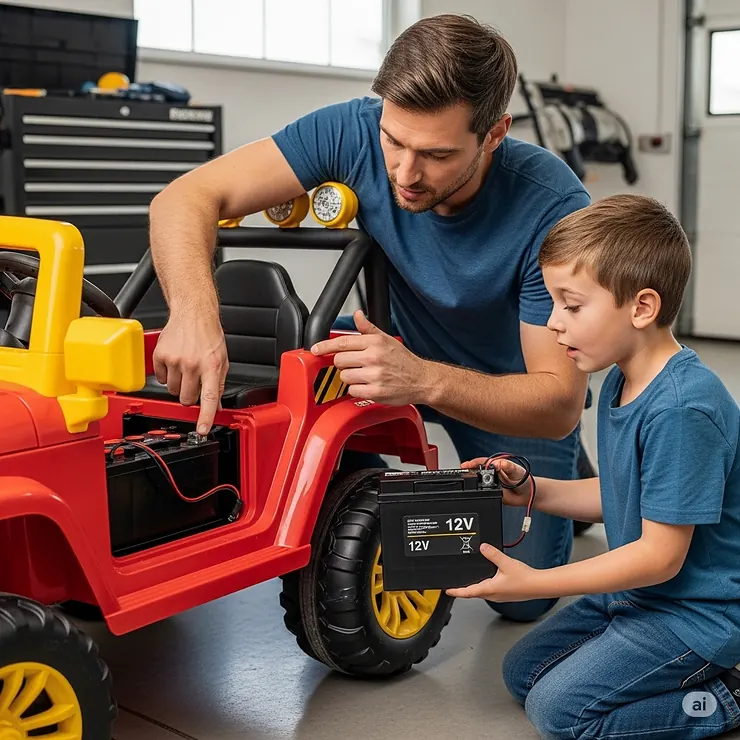 A parent demonstrating how to safely install a new 12v battery into a child's ride-on toy, showing the battery compartment.