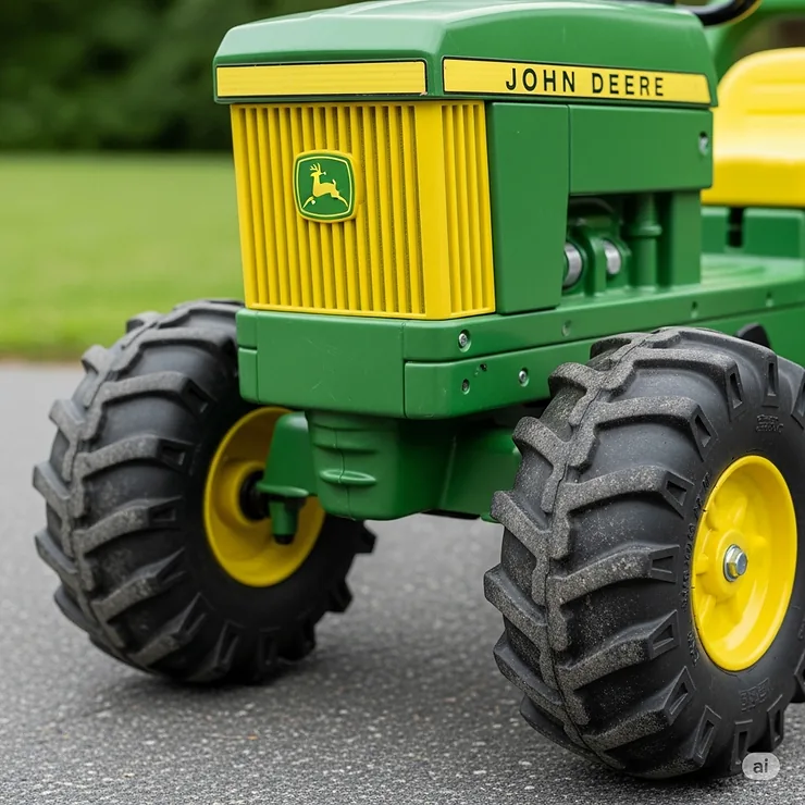 A close-up of the front grill and large tires of a classic green John Deere ride-on toy.