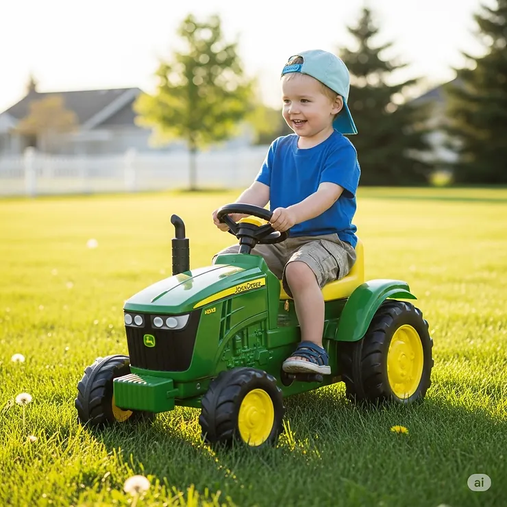 A child happily riding a green and yellow John Deere tractor ride-on toy on a grassy lawn.