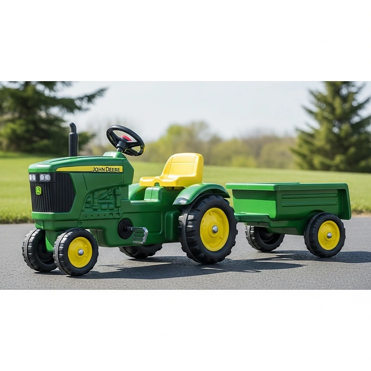 A John Deere pedal tractor toy pulling a matching green utility trailer.