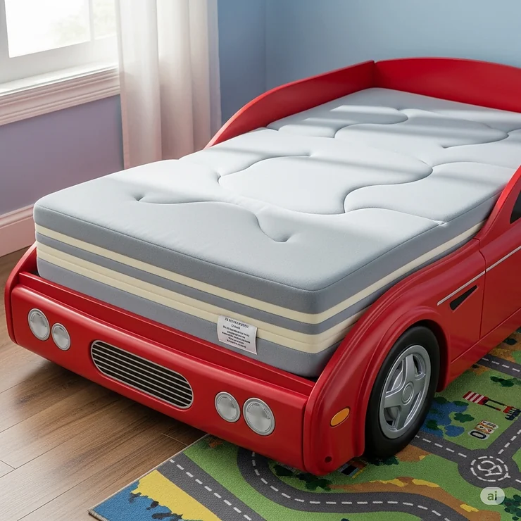 A comfortable foam mattress designed to fit a standard twin car bed, providing a soft and supportive sleeping surface.